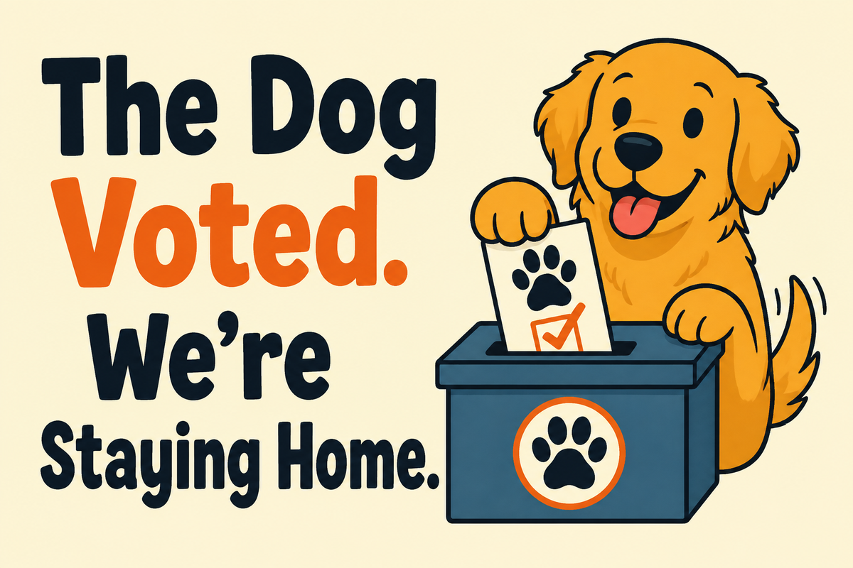 The Dog Voted. We're Staying Home. rectangular sticker with paw print ballot