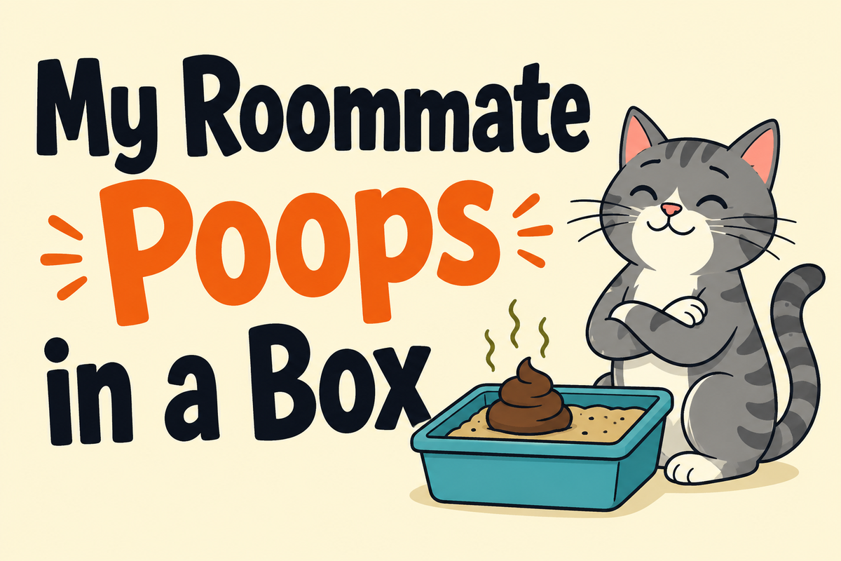 My Roommate Poops in a Box rectangular sticker with cat beside litter box