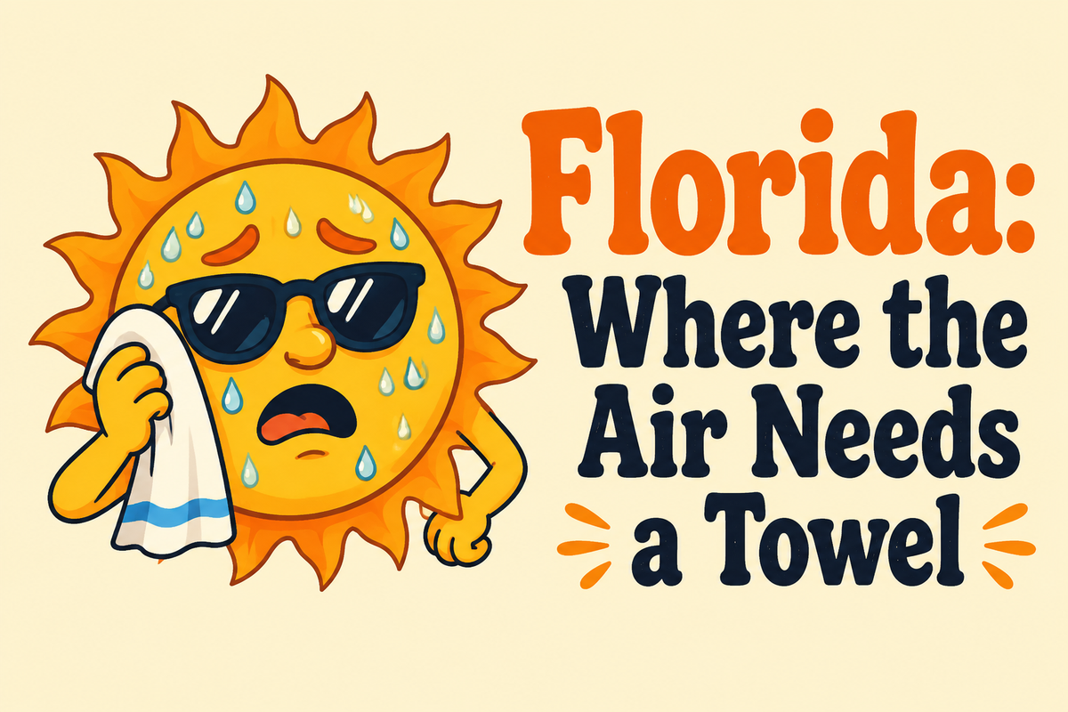 Florida: Where the Air Needs a Towel rectangular sticker with sweating sun with towel