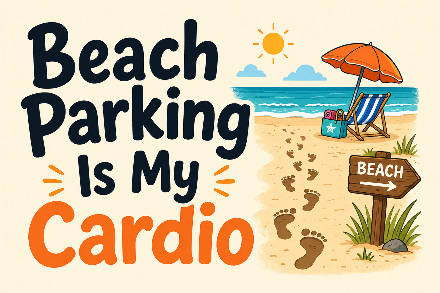 Beach Parking Is My Cardio rectangular sticker with footprints leading to beach