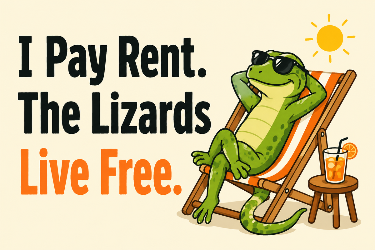 I Pay Rent. The Lizards Live Free. rectangular sticker with lizard in lounge chair