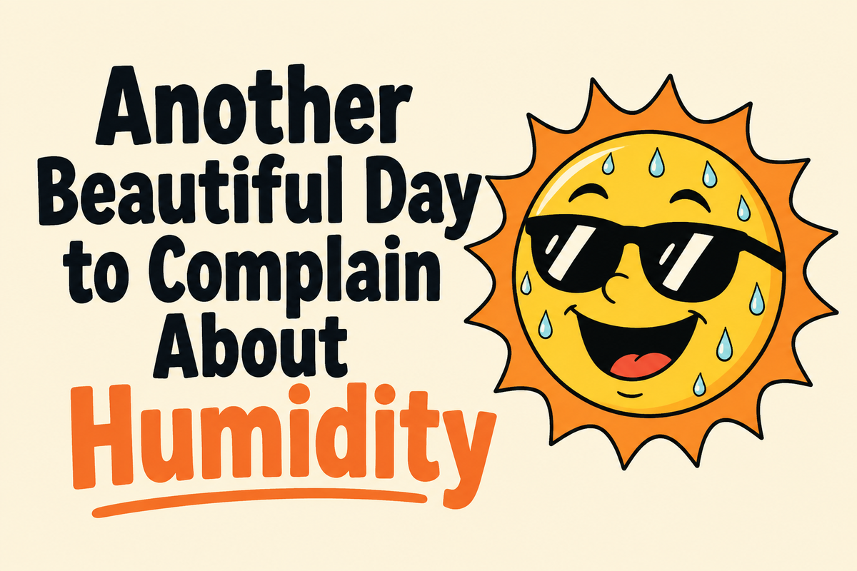 Another Beautiful Day to Complain About Humidity rectangular sticker with smiling sun with sweat