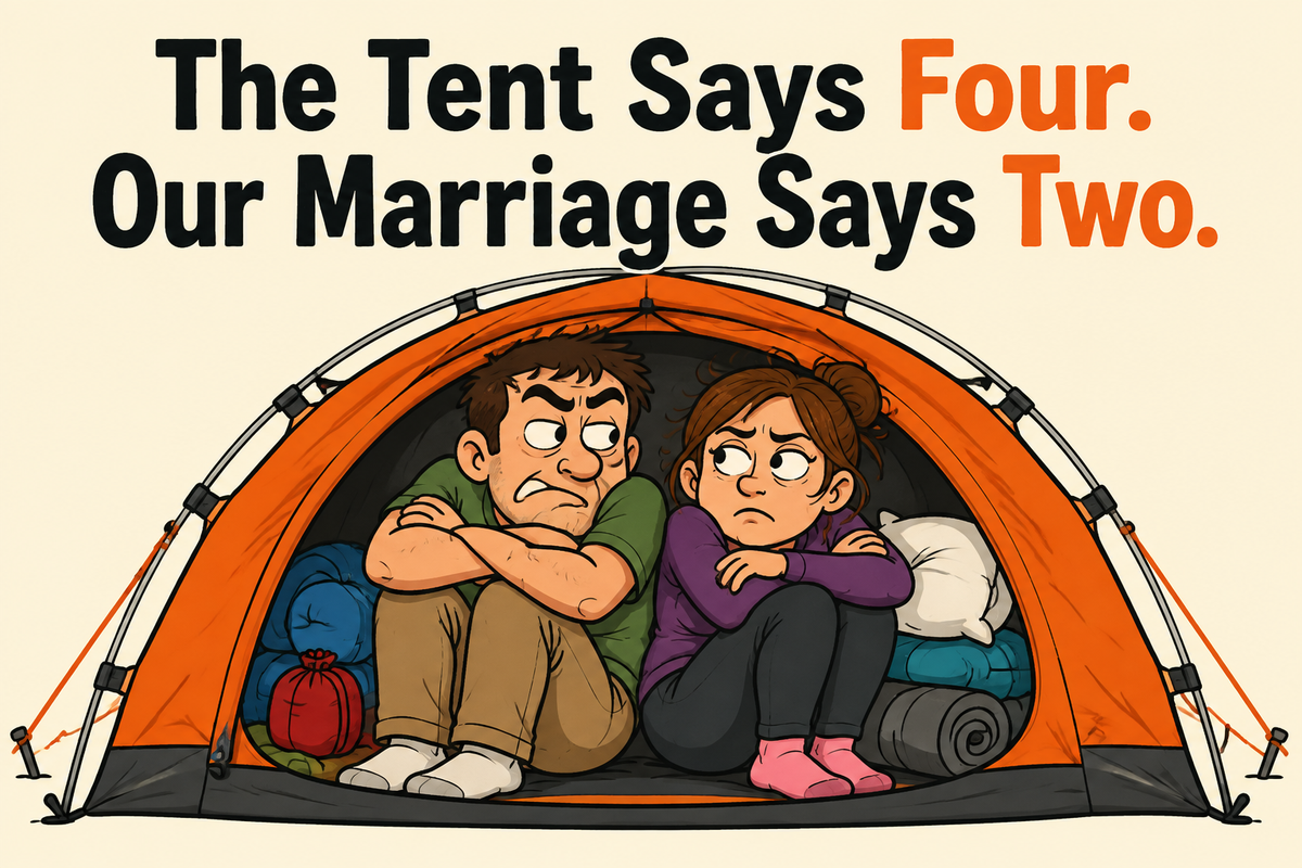 The Tent Says Four. Our Marriage Says Two. rectangular sticker with two people filling entire tent
