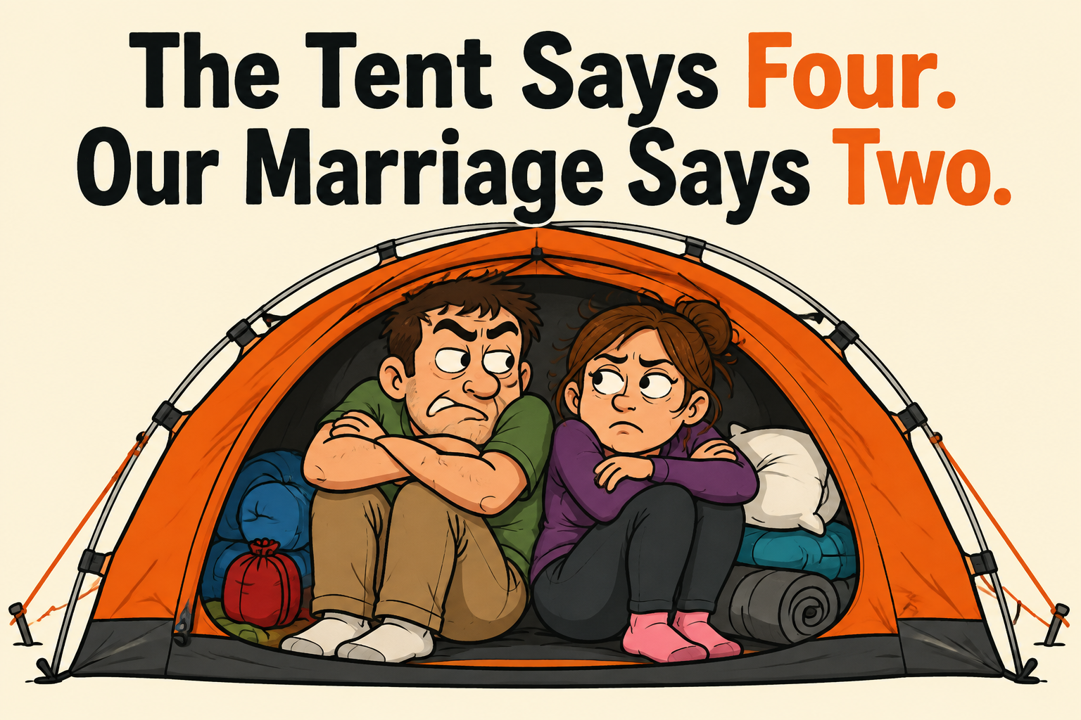 The Tent Says Four. Our Marriage Says Two. rectangular sticker with two people filling entire tent