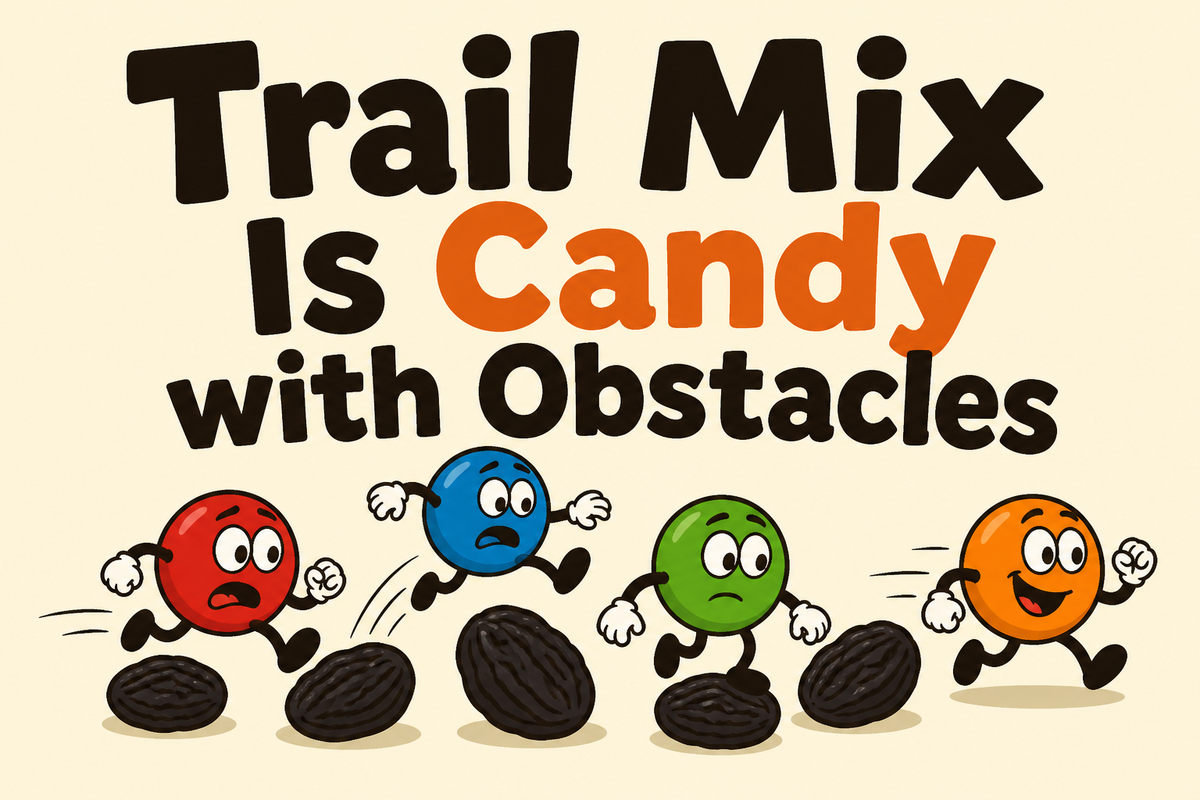 Trail Mix Is Candy with Obstacles rectangular sticker with candy navigating around raisins