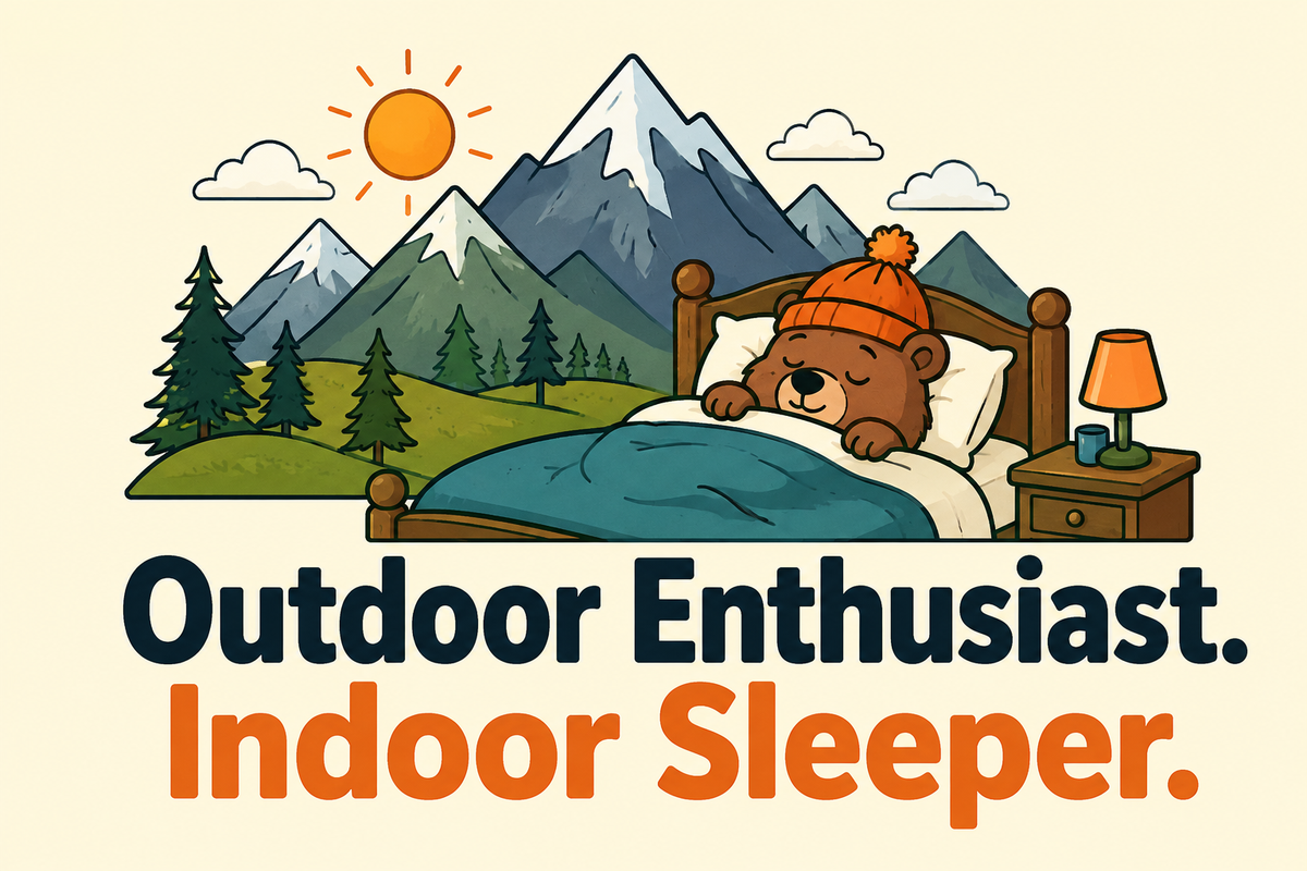 Outdoor Enthusiast. Indoor Sleeper. rectangular sticker with mountains above comfortable bed