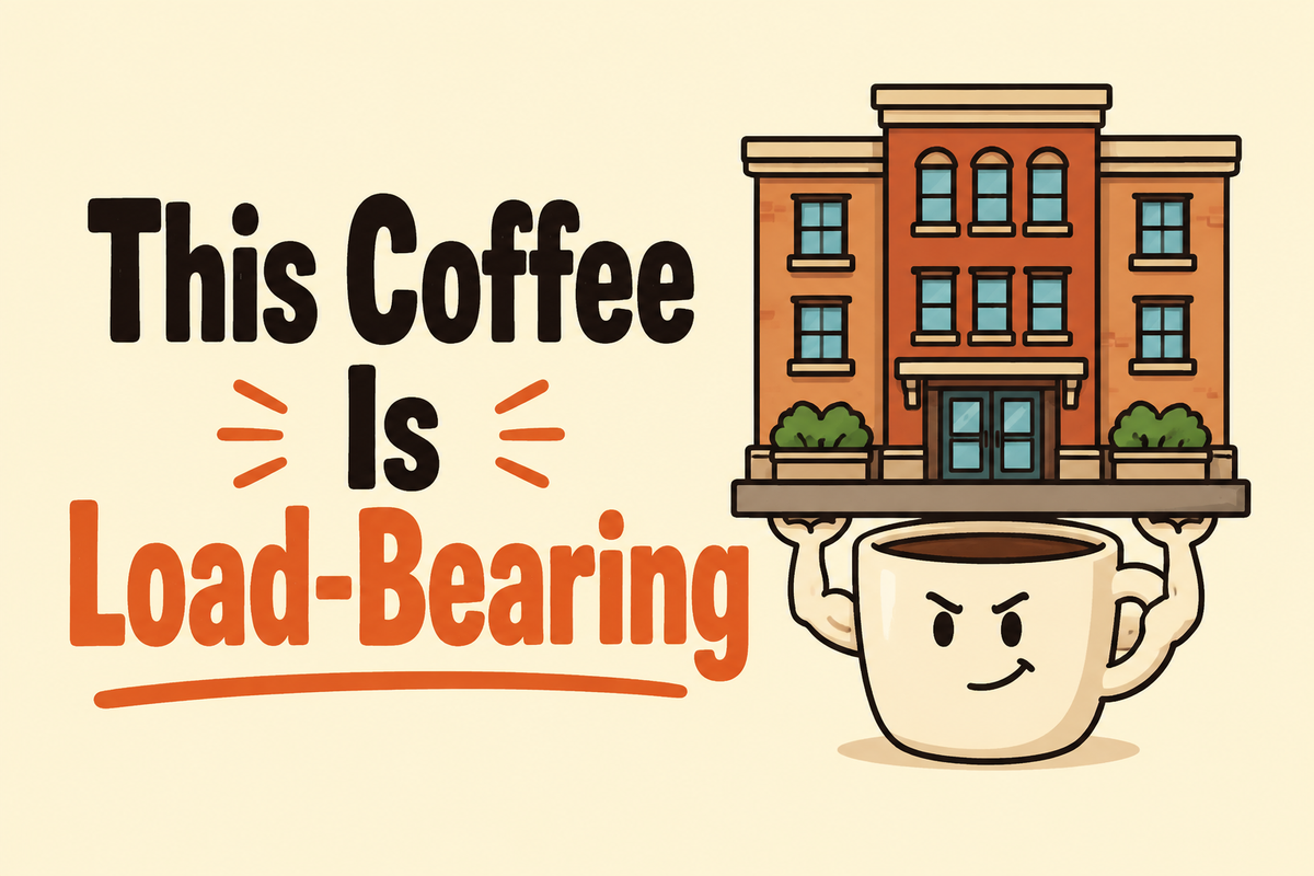 This Coffee Is Load-Bearing rectangular sticker with coffee cup supporting building