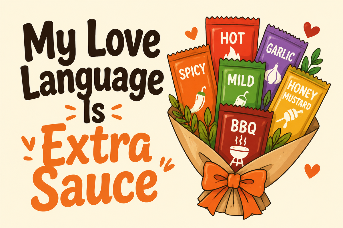My Love Language Is Extra Sauce rectangular sticker with sauce packet bouquet