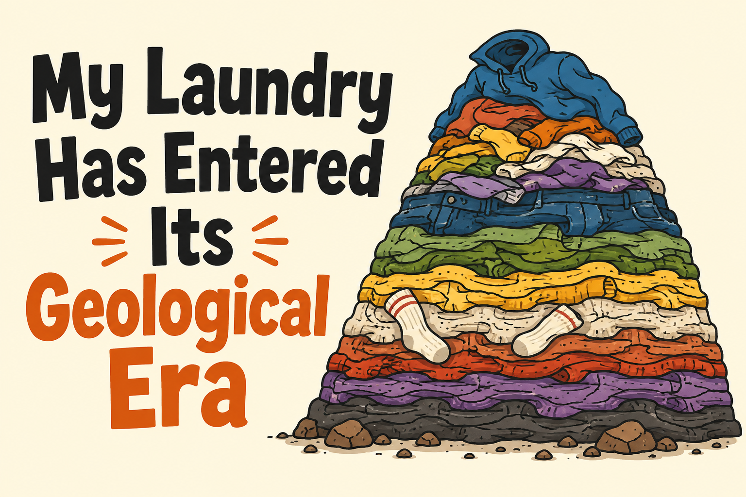 My Laundry Has Entered Its Geological Era rectangular sticker with clothing mountain with geological layers
