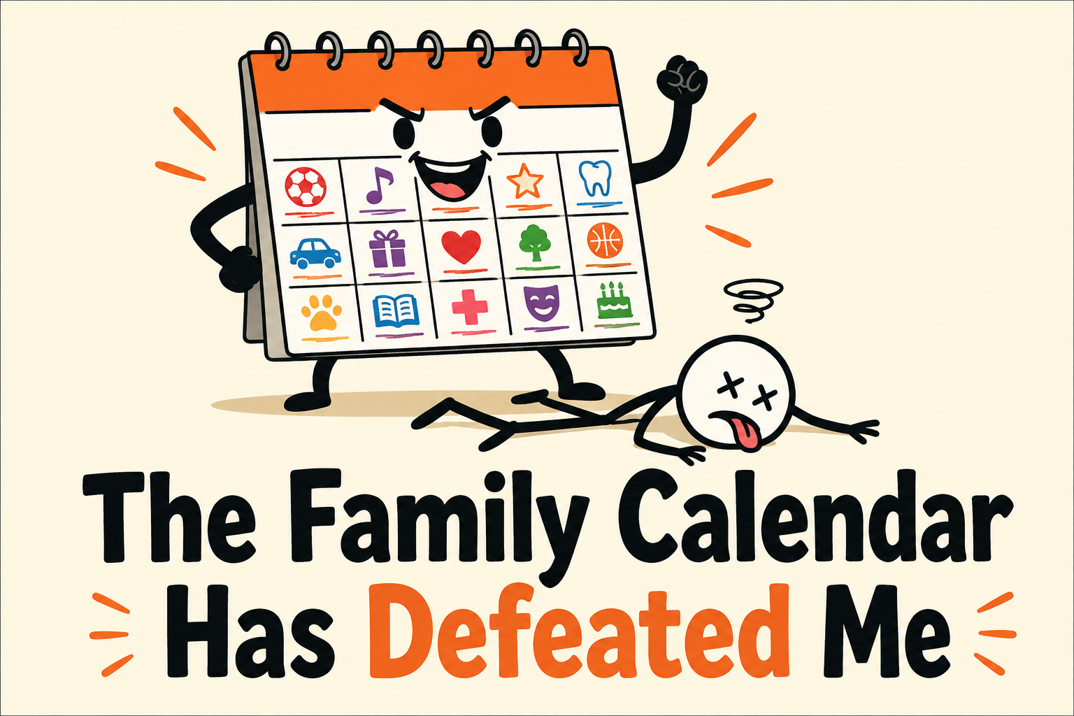 The Family Calendar Has Defeated Me rectangular sticker with calendar above fallen stick figure