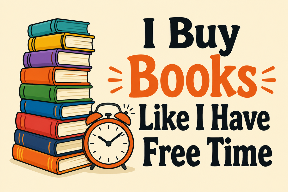 I Buy Books Like I Have Free Time rectangular sticker with unread book tower and clock