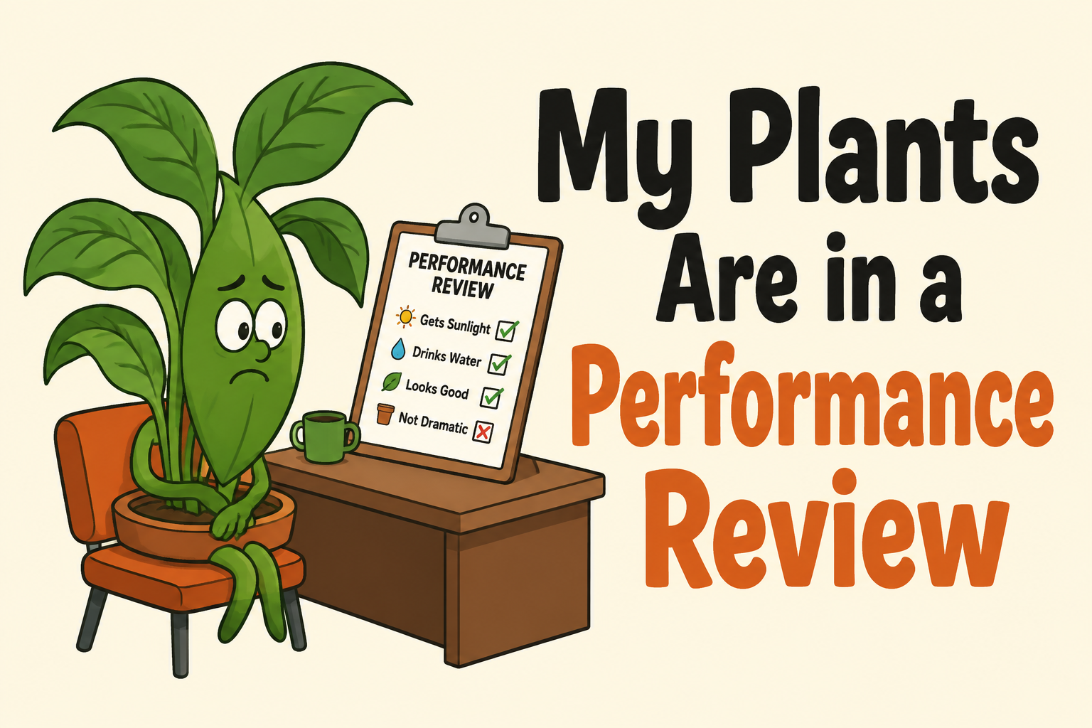 My Plants Are in a Performance Review rectangular sticker with plant facing clipboard