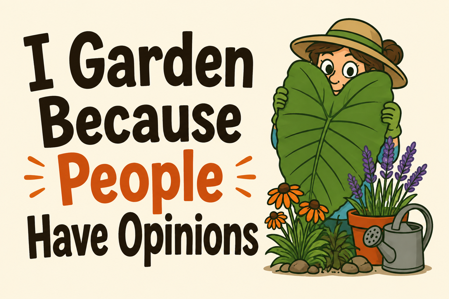 I Garden Because People Have Opinions rectangular sticker with gardener hiding behind giant leaf