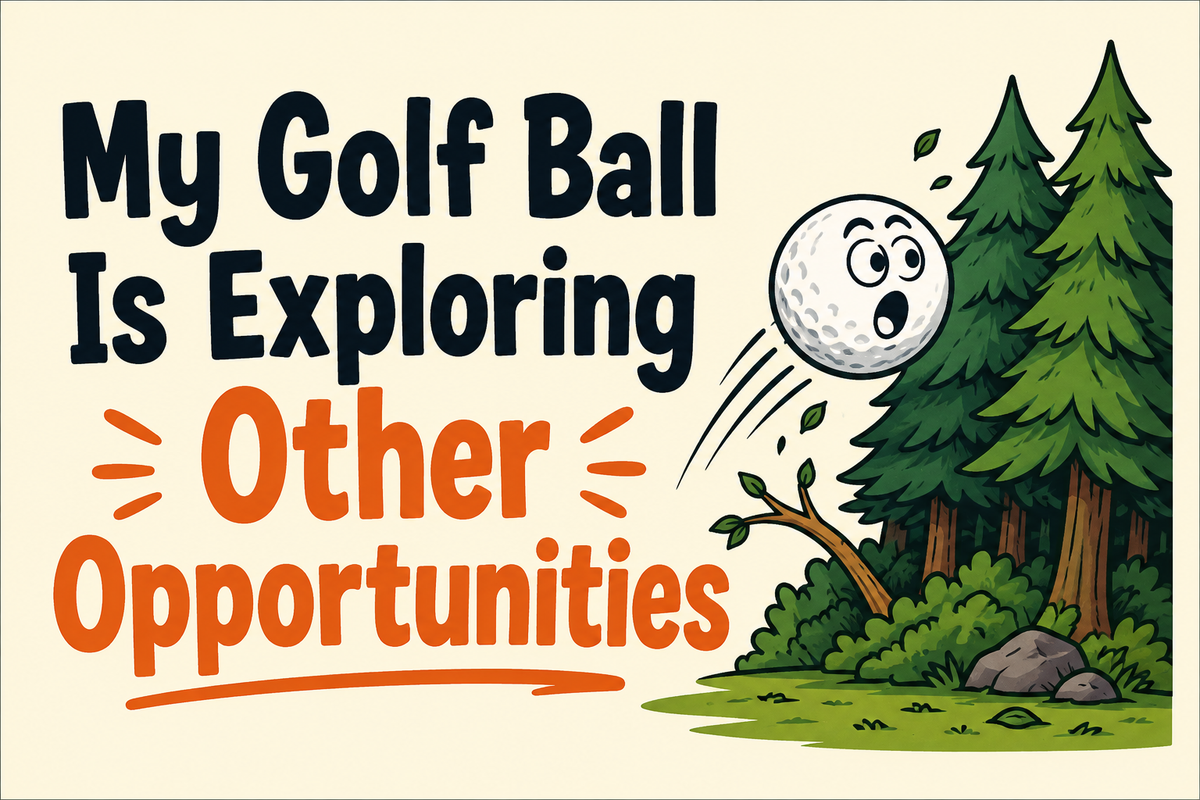My Golf Ball Is Exploring Other Opportunities rectangular sticker with golf ball flying into woods