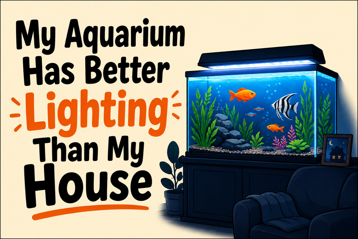 My Aquarium Has Better Lighting Than My House rectangular sticker with glowing aquarium in dark room