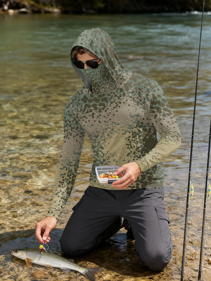 Men's Fishing Hooded Long-Sleeved Camouflage Sunscreen Breathable Anti-UV Lightweight Sweat-Resistant Fishing Shirt