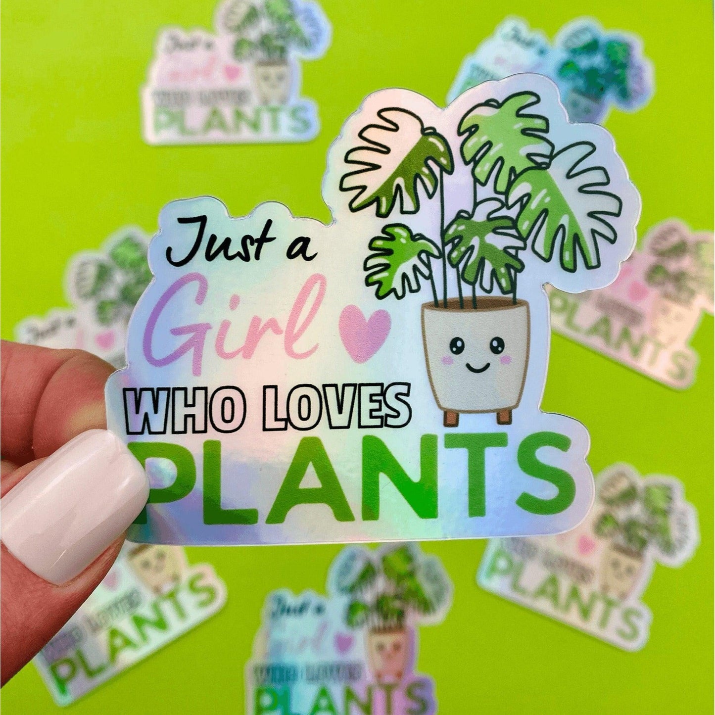 Hologram Kawaii Plant Love Sticker, Girl Who Loves Plants Sticker, Variegated Rare Plant Hologram Sticker for Plant Lovers