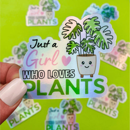 Hologram Kawaii Plant Love Sticker, Girl Who Loves Plants Sticker, Variegated Rare Plant Hologram Sticker for Plant Lovers