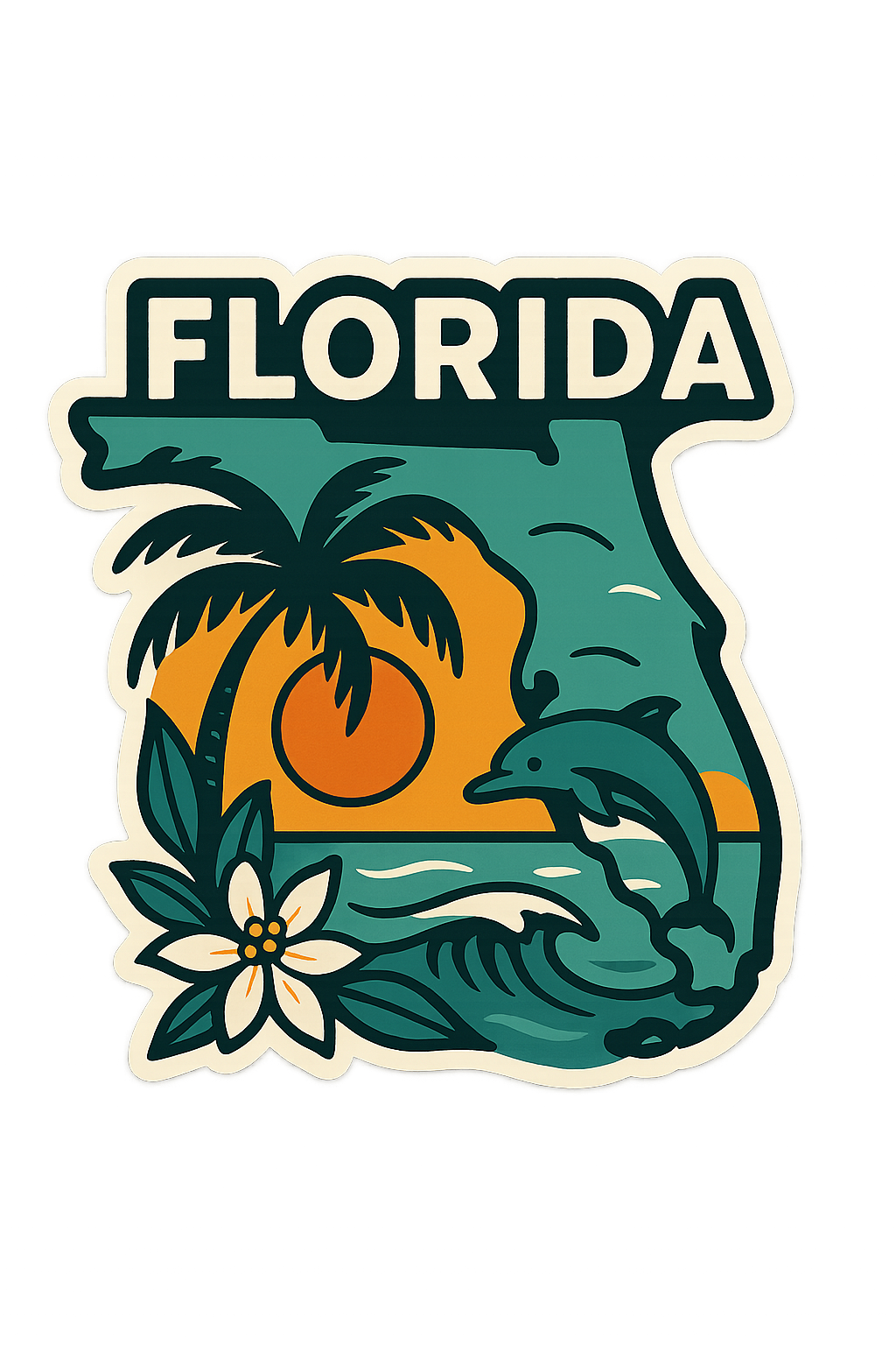 Silhouette style Florida state sticker featuring a palm tree, sun, dolphin, orange blossom, and tropical beach waves.