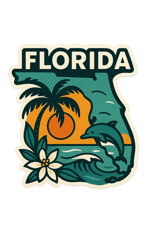 Silhouette style Florida state sticker featuring a palm tree, sun, dolphin, orange blossom, and tropical beach waves.