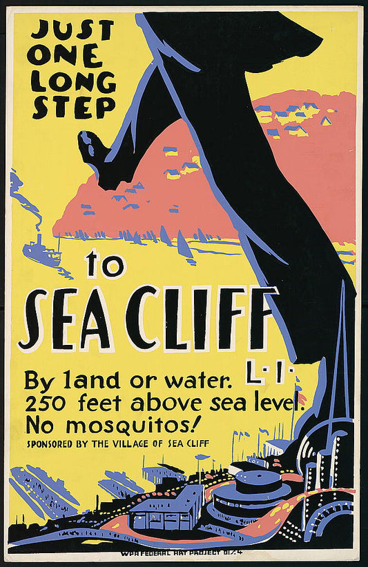 Just one long step to Sea Cliff, L.I. By land or water — 1930s WPA poster, public domain from Library of Congress