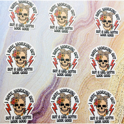 I Hate Working Out Sticker - Skull with Leopard Bow Workout Sticker for Gym & Weightlifting for Girls Women