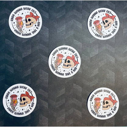 Workout Sticker - Kinda Wanna Workout, Kinda Wanna Take A Nap - for Gym Water Bottle, Lifters, Weightlifting gift, with coffee, skull