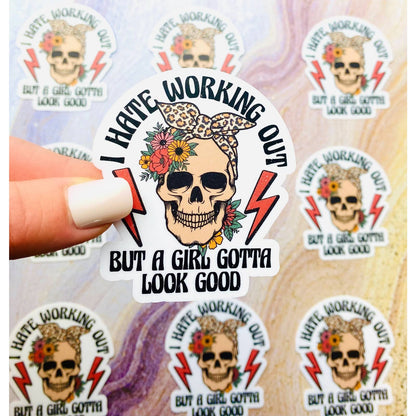 I Hate Working Out Sticker - Skull with Leopard Bow Workout Sticker for Gym & Weightlifting for Girls Women