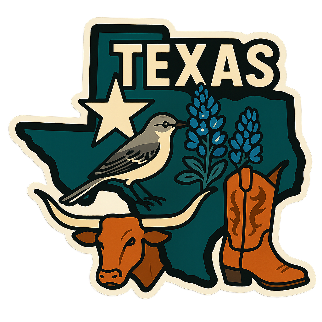 Texas State Sticker featuring a vintage silhouette of the lone star, bluebonnet, mockingbird, cowboy boot, and longhorn.