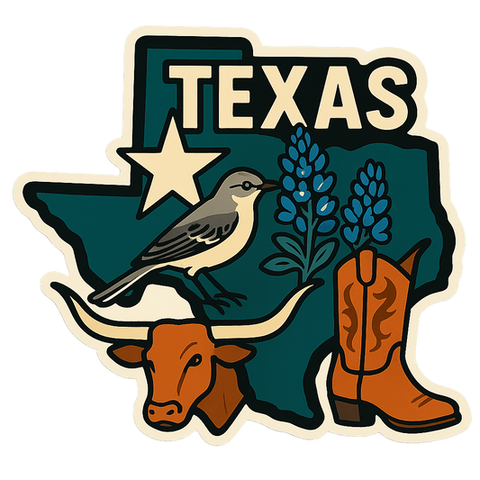 Texas State Sticker featuring a vintage silhouette of the lone star, bluebonnet, mockingbird, cowboy boot, and longhorn.